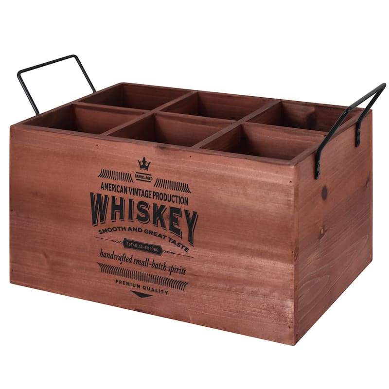 American Art Decor The Bourbon Bar Wood Crate Bottle Holder with Metal Handles - 7" H x 14" L x 8" D - Whiskey - Brown/Black