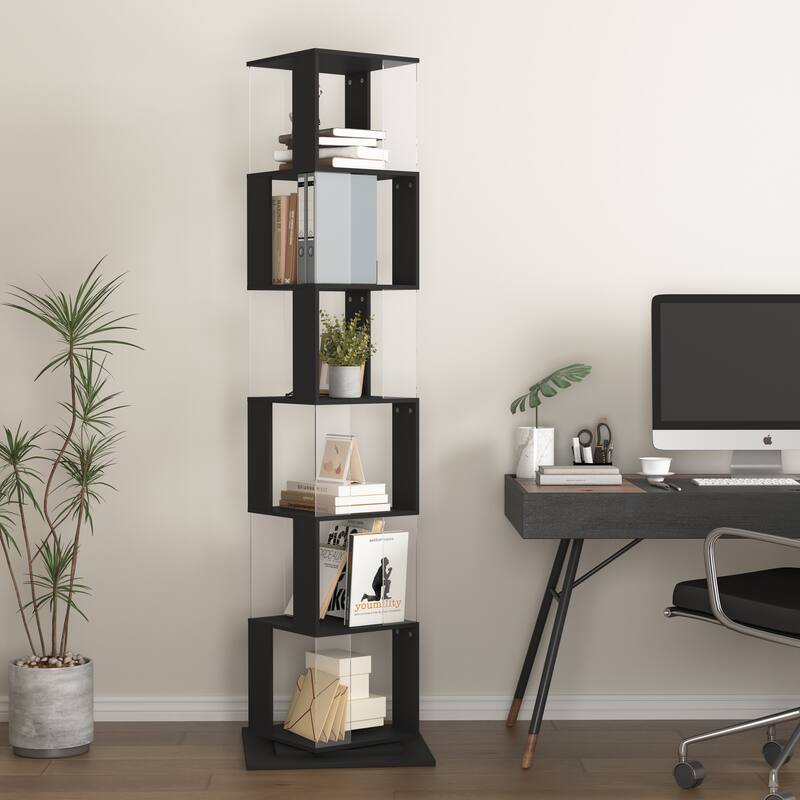 6 tier Rotating Bookshelf, Floor Rack Simple Bookcase with Acrylic plate Bookshelf with anti-toppling base
