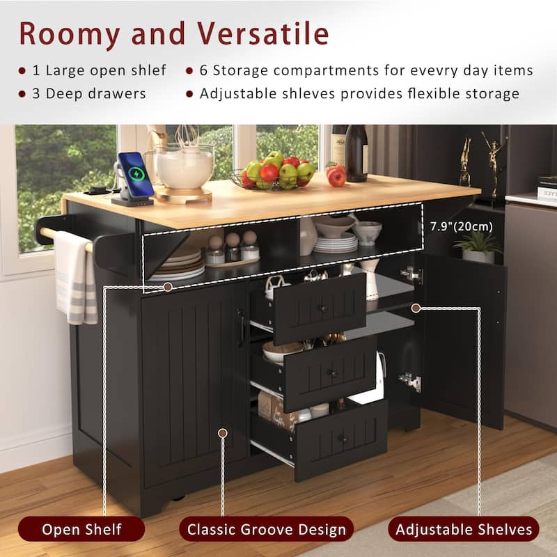 Large Kitchen Island with 2 Drop Leaf,Rolling Kitchen Cart on 5 Wheels with Power Outlet,Folding Storage Dining Table - N/A