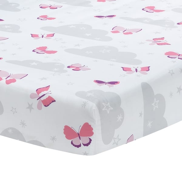 slide 2 of 5, Bedtime Originals Butterfly Kisses Pink/White/Gray Cloud/Star Fitted Crib Sheet