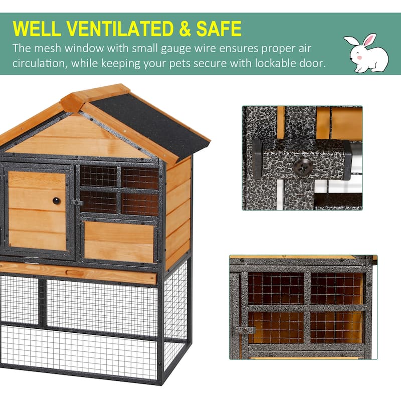 PawHut 2-Level Rabbit Hutch with Openable Hinged Asphalt Roof, Removable Tray for Backyard