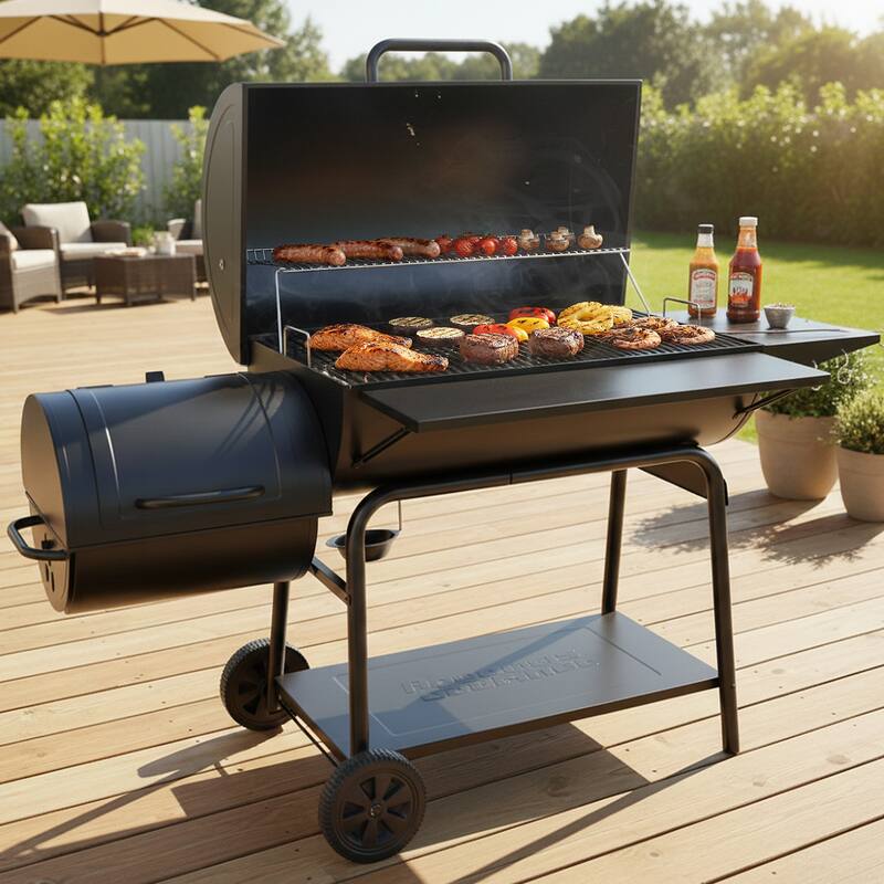 Royal Gourmet Charcoal Barrel Grill with Offset Smoker, Black