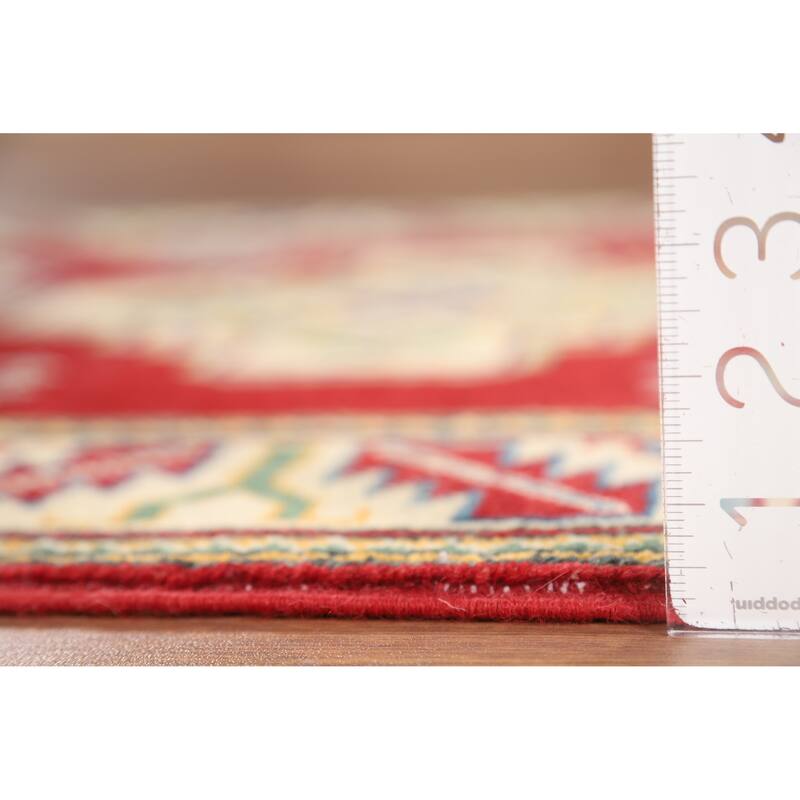 Geometric Red Kazak Foyer Rug Hand-Knotted Wool Carpet - 2'8" x 4'1"