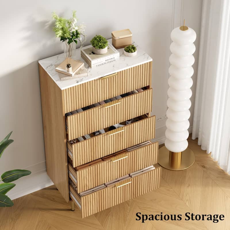 5 Drawer Fluted Dresser for Bedroom, Modern Wooden Storage Chest with Gold Handles