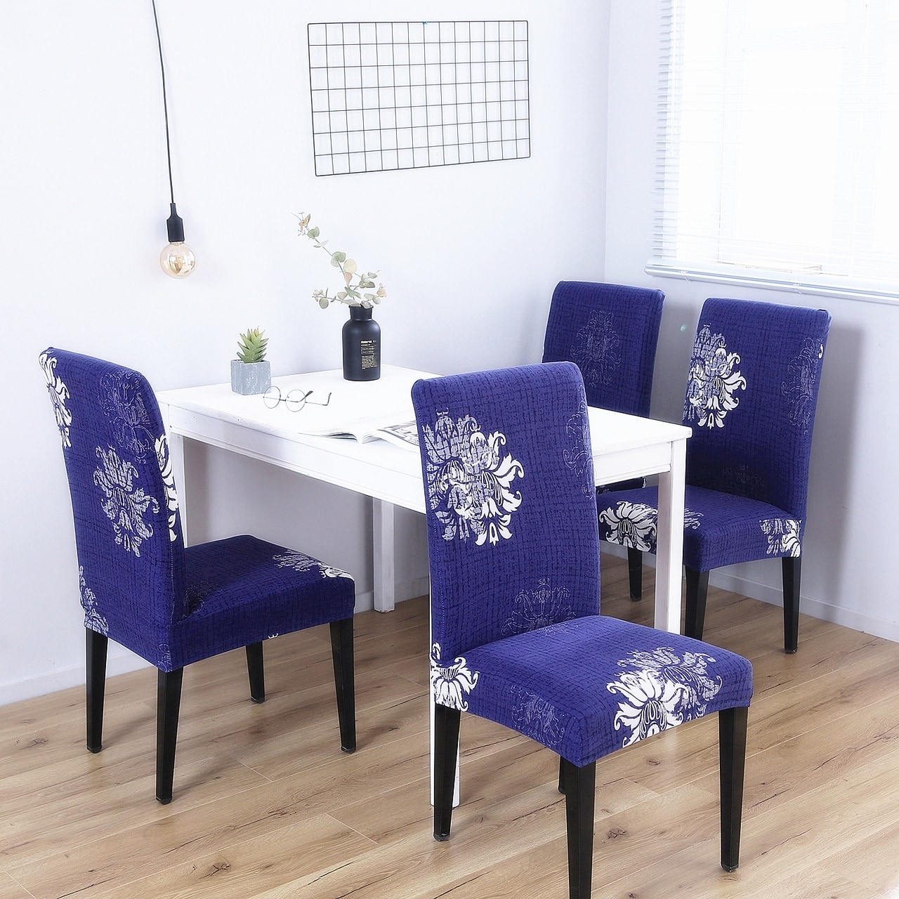 Enova Home Navy Blue Elegant Polyester and Spandex Stretch Washable Box  Cushion Chair Slipcover Set of 4