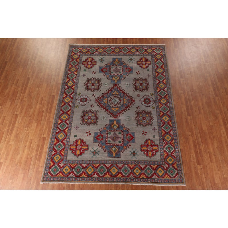 Grey Geometric Kazak Area Rug Hand-Knotted Wool Carpet - 8'2"x 11'5"