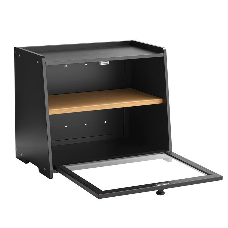 Black Two-Tier Wooden Trapezoid-Shaped Bread Box with Knife and Cutting Board for Kitchen Counter - 15.75” x 9.85” x 13.19”