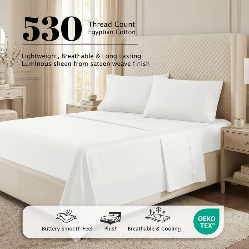 Superior Egyptian Cotton 530 TC Sheet Set Sateen Weave, Deep Pocket, Ultra‑Soft & Breathable Bedding