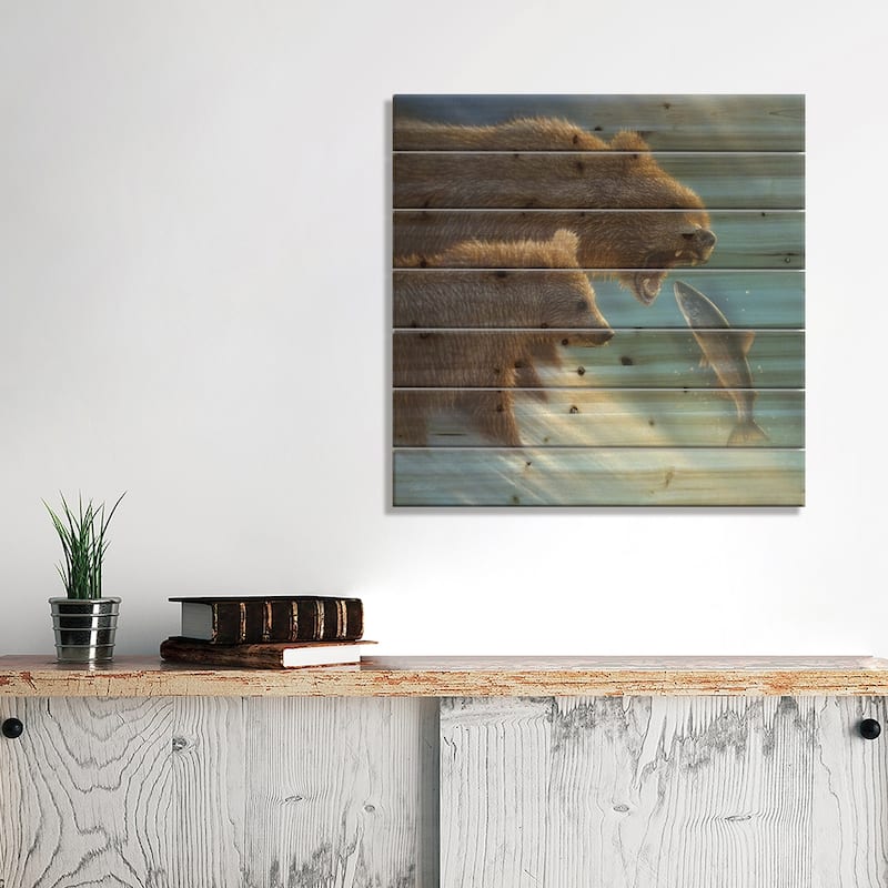 Brown Bear Fishing Lesson, Square Print On Wood by Collin Bogle - Multi-Color