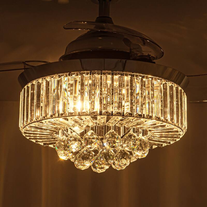 36-in Modern 3-Blade Chrome Retractable Crystal Chandelier Ceiling Fan with Remote and Light Kit - 36-in W x 18.8-in H