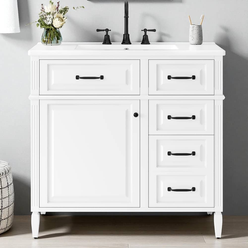 36-Inch Bathroom Vanity with Ceramic Sink, Solid Wood Frame, Flip Drawer and Adjustable Shelf