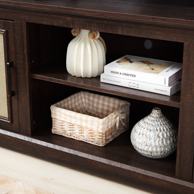 TV Stand for TVs up to 70" with Natural Rattan Doors, 2 Storage Cabinets, 3 Adjustable Shelves, Multifunctional Console Table