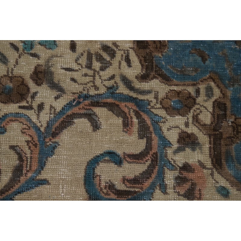 Distressed Beige Tabriz Vintage Persian Rug Hand-Knotted Wool Carpet - 7'10" x 10'11"
