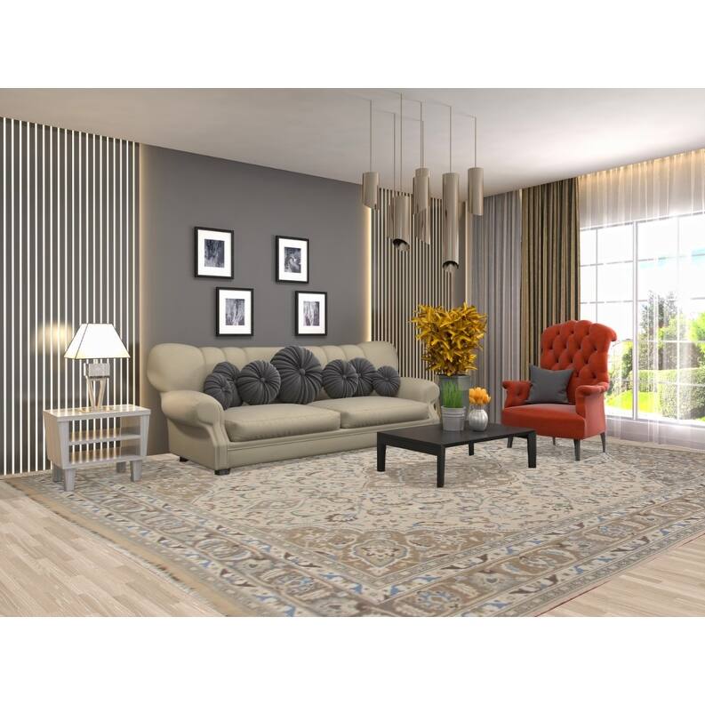 Hand Knotted Oriental 100% Wool Carpet Traditional Floral Beige & Ivories Tabriz Area Rug - 12' 8'' X 9' 8''