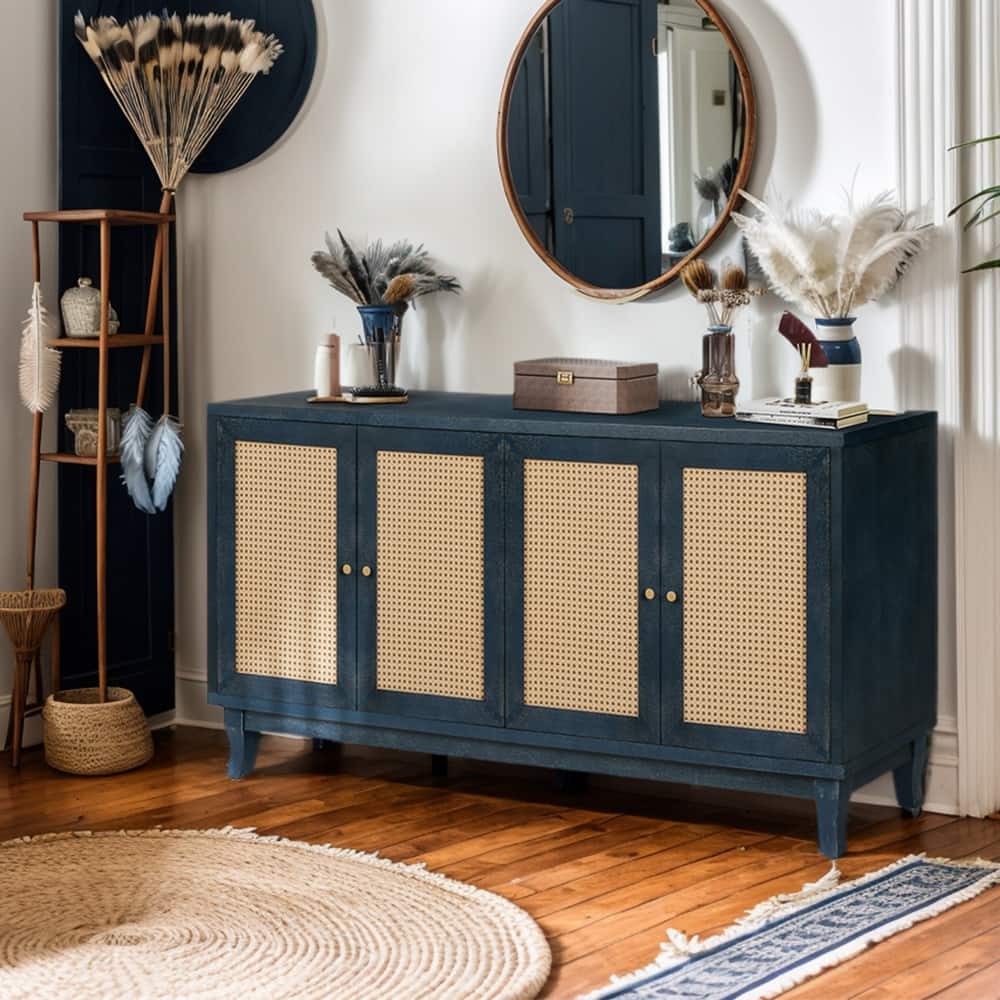Sideboard Buffet Cabinet, Rattan Accent Cabinet Storage Cabinet with 4 Doors & Adjustable Shelves - 59.8“W