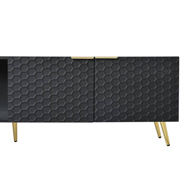 71" Minimalist TV Cabinet with Geometric Honeycomb Pattern - Gold Accents, Cable Management, Storage