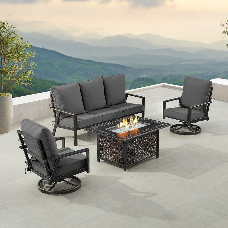 Black Aluminum Fire Table Set with Sofa and Two Club Chairs - Black