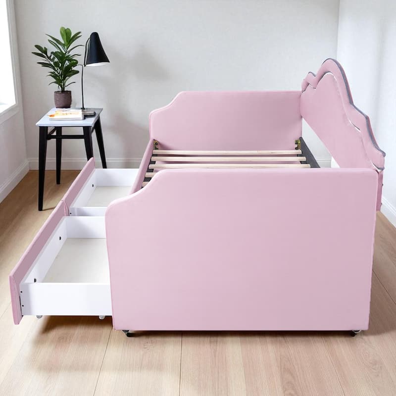 Twin/Full Size Upholstered Daybed with LED Lights, 2 Storage Drawers, Velvet Frame, No Box Spring Required