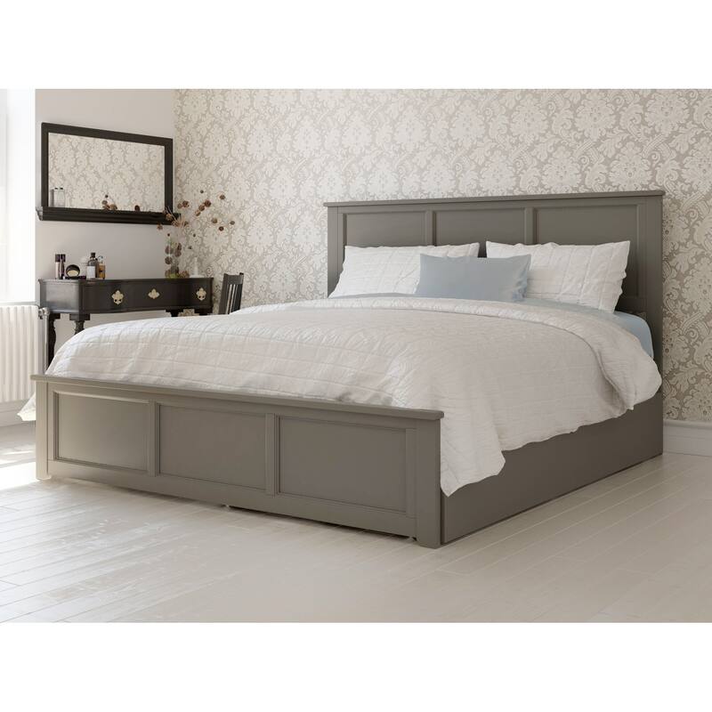 Solid Wood Platform Bed King Size with Footboard & Trundle - Grey Finish