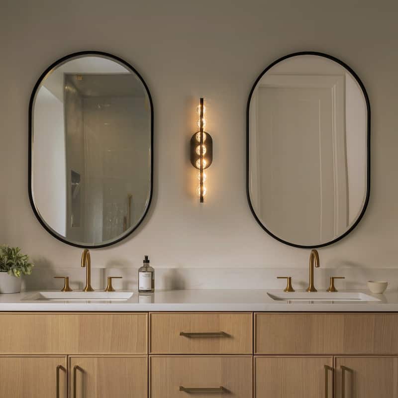 7-Light Modern Black Linear LED Vanity Light Clear Globe Glass Shades