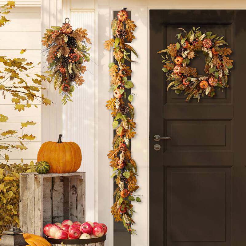 Glitzhome 24"D Fall Thanksgiving Pumpkin Leaf Floral Swag Wreath Garland for Front Door Decor