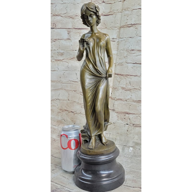 Bronze Sculpture Young Lady Gazes Into A Flower By Moreau Art Nouveau Deco Decor