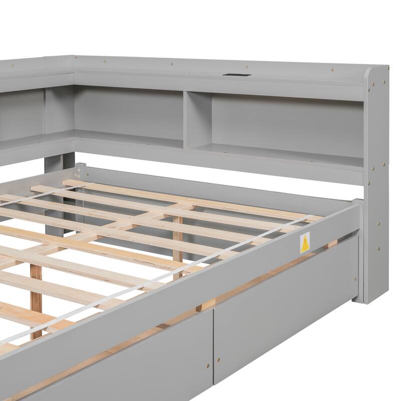 Wooden Platform Sofa Bed Frame with L Shaped Bookcase and Charging Station, Living Room Corner Daybed with 2 Storage Drawers