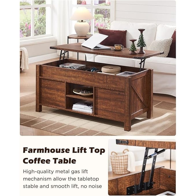Farmhouse Lift Top Coffee Table, Rustic Center Table, Lifting Tabletop
