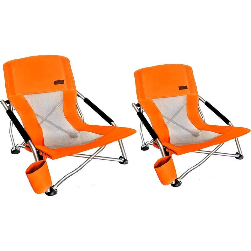 Portable Low Beach Chair with Cup Holder and Carry Bag, Sling Folding Sand Chair for Adults and Kids - Orange - 2Pack