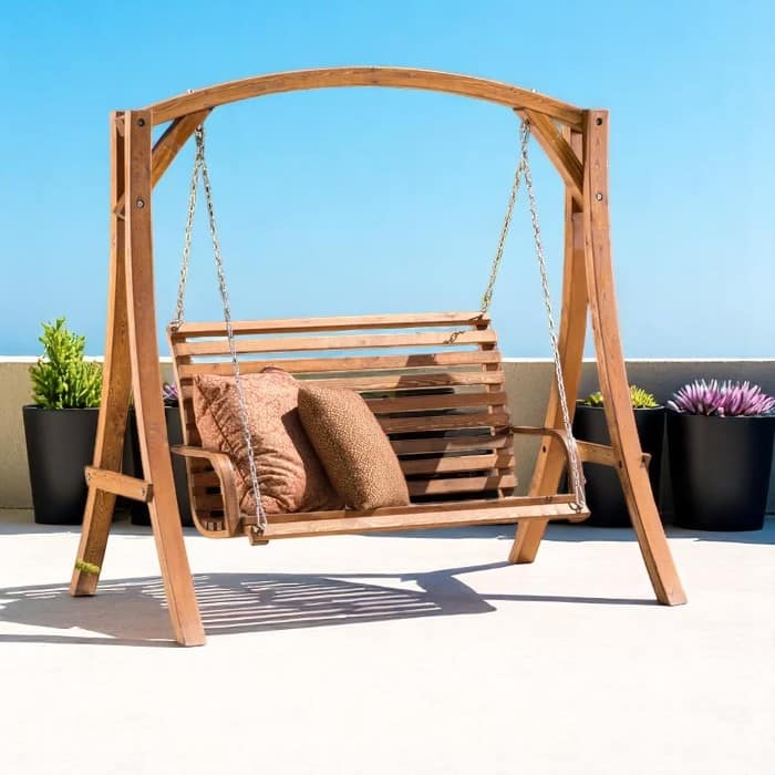 Wood Swing Loveseat - Outdoor Garden Swing/2-Person Porch Swing/Person Patio Seat with Chains and Beam - Teak