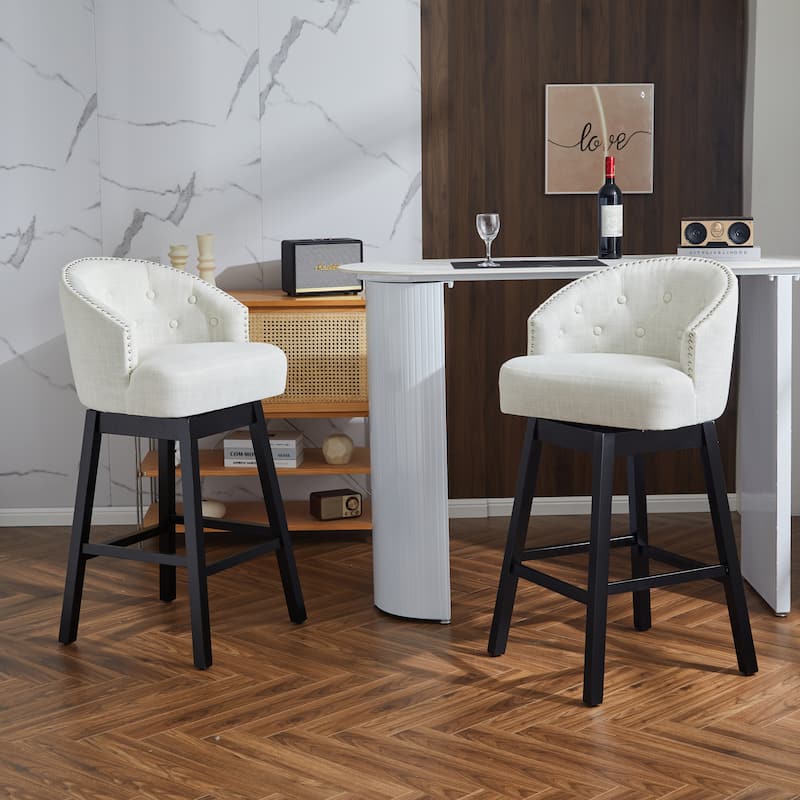 Set of 2 Swivel Counter Stools, 33.25" Upholstered with Backrest & Footrest - Black & Beige Rubberwood Frame