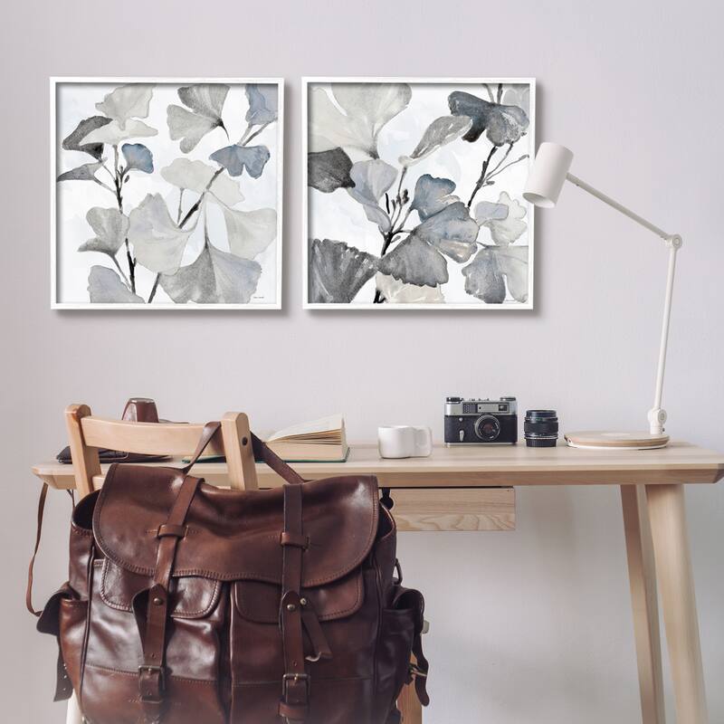 Stupell Elegant Monochromatic Plant Leaves Botanical Illustration Framed 2 Piece Wall Art - White