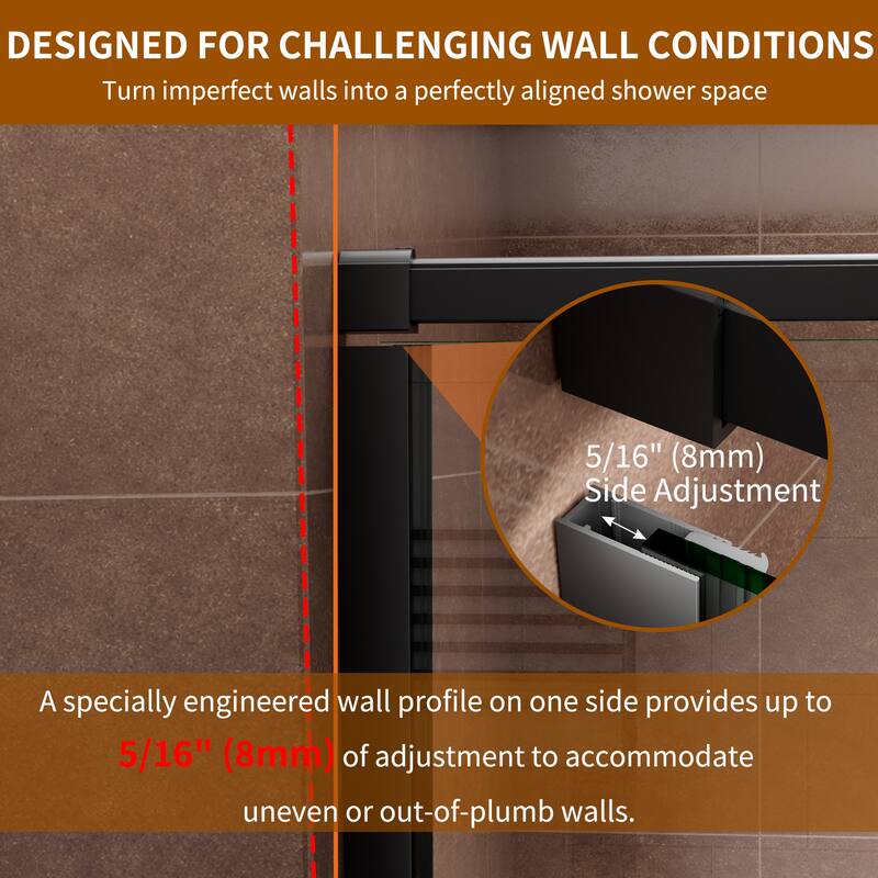 Modland 48''/60''W x 76''H Matte Black Sliding Shower Door, Adjustable Semi-Frameless Enclosure, 1/4" ANSI Glass, Soft-Close
