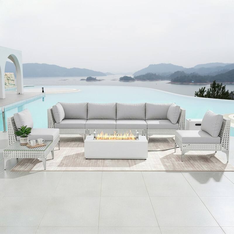 FINCATI Oversized Outdoor Furniture with Rectangular Fire Pit Table, 9-piece Luxurious High-back Patio Wicker Conversation Set - Light Grey