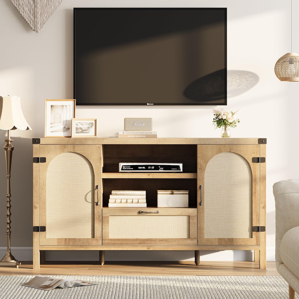 47.2" Boho Rattan Buffet Cabinet with Drawer & Open Shelves, Farmhouse Kitchen Sideboard for Dining or Living Room