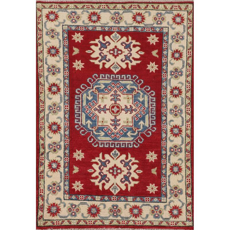 Geometric Red Kazak Rug Handmade Wool Carpet - 2'8" x 4'1"