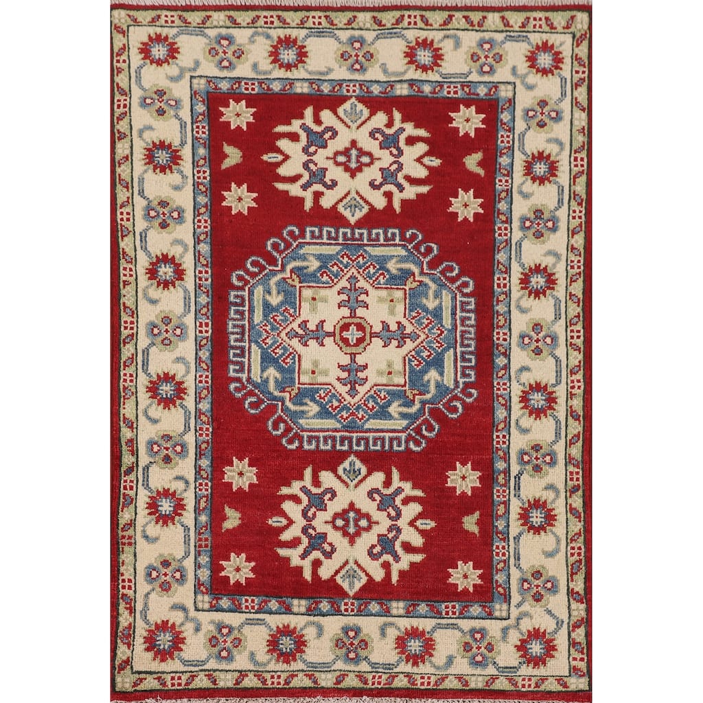 Geometric Red Kazak Rug Handmade Wool Carpet - 2'8" x 4'1"