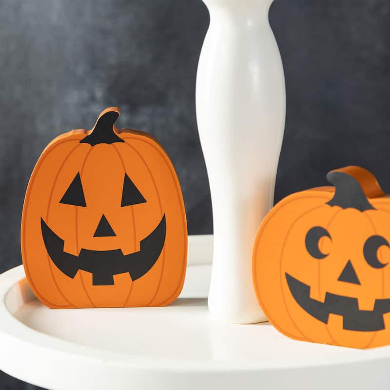 Glitzhome Halloween Christmas Gnome Pumpkin Block Set Word Sign Table Decor with Tiered Tray