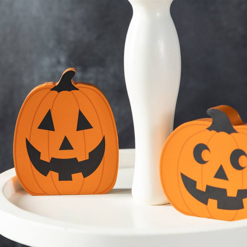 Glitzhome Set of 5 HAPPY HALLOWEEN Wooden Haunted House, Pumpkin & Ghost Table Block Set