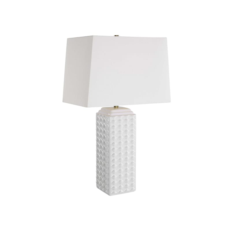 Table Lamp, Linen Shade, 3D Diamond Knob Gloss White Ceramic, 25 Inch