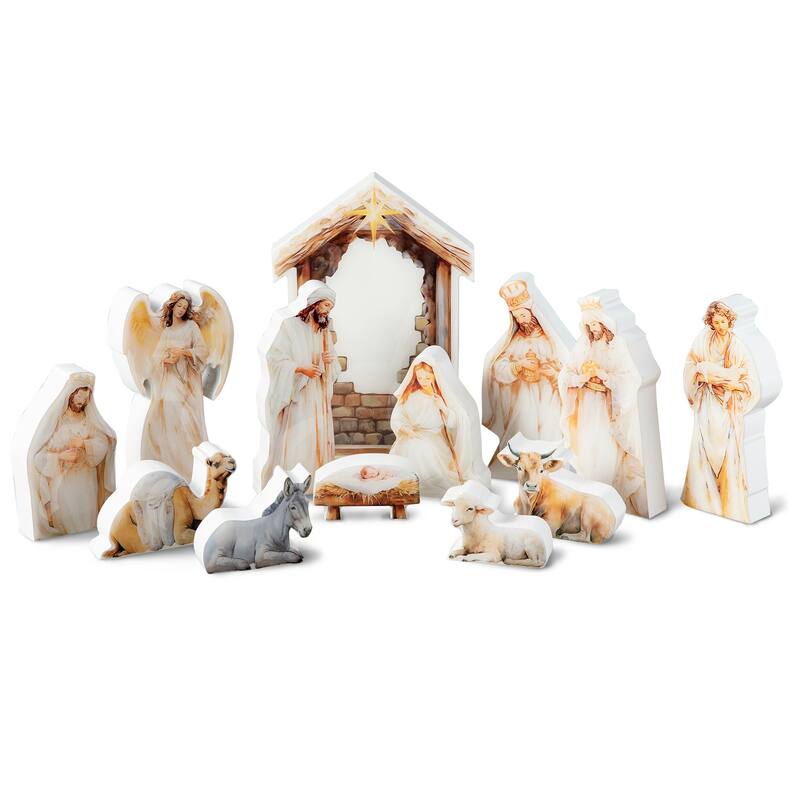 Glitzhome 13 Piece Christmas Wooden & Resin Nativity Figurine Set