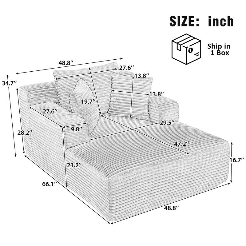 Full-compressed Grey Corduroy Chaise Lounge Sofa Bed with Removable Pillows