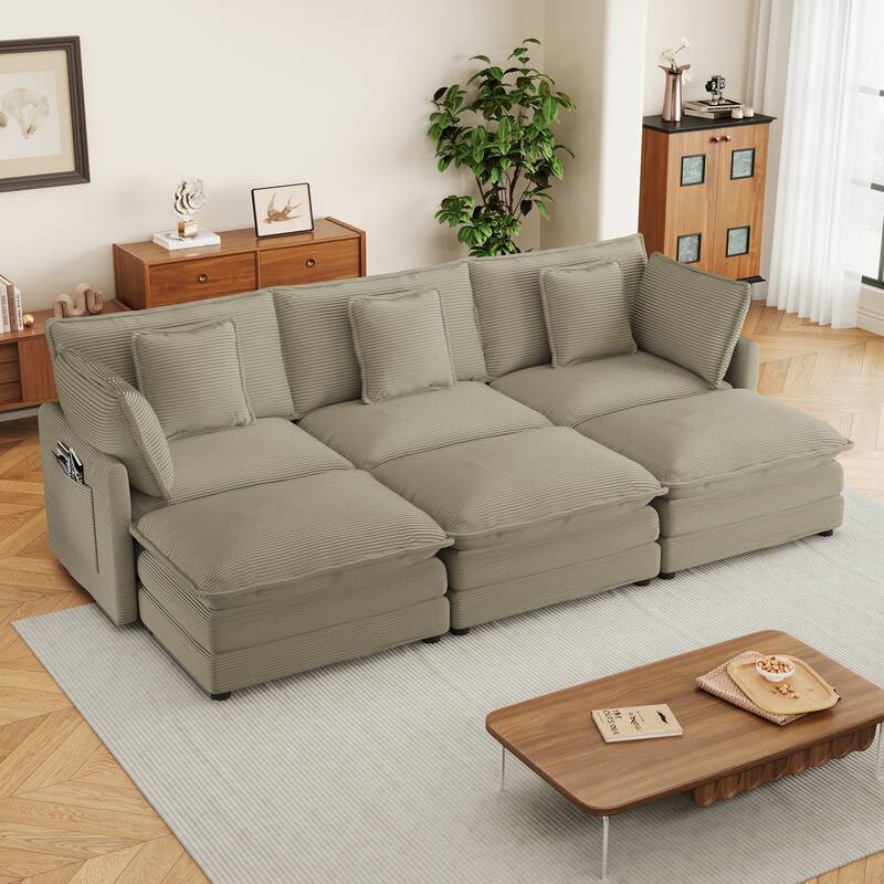 Corduroy Modular Sofa Couch, Upholstered Sleeper Recliner Sofa Couch with Side Storage Pockets and 3 Movable Ottomans - Brown