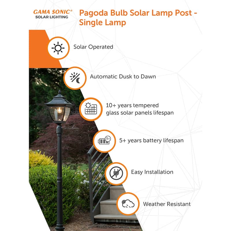 Pagoda Bulb 87 in. Black Solar Warm White LED Post Lantern and Pole
