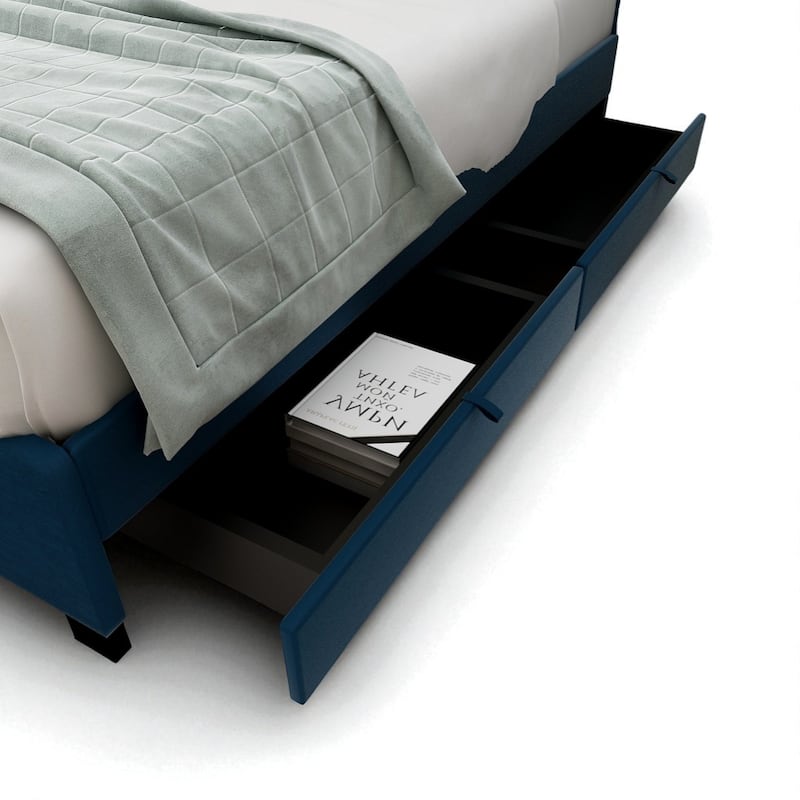 Queen Upholstered Platform Bed with Trundle and Storage Drawers, Gold Tufted Headboard, No Box Spring Required