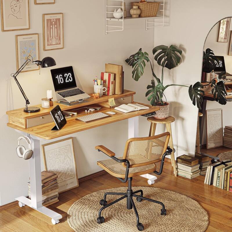 FEZIBO Height Adjustable Electric Standing Desk with Double Drawer, Stand Up Desk with Storage Shelf, Sit Stand Desk - Light Rustic - 24"D x 55"W x 27"H