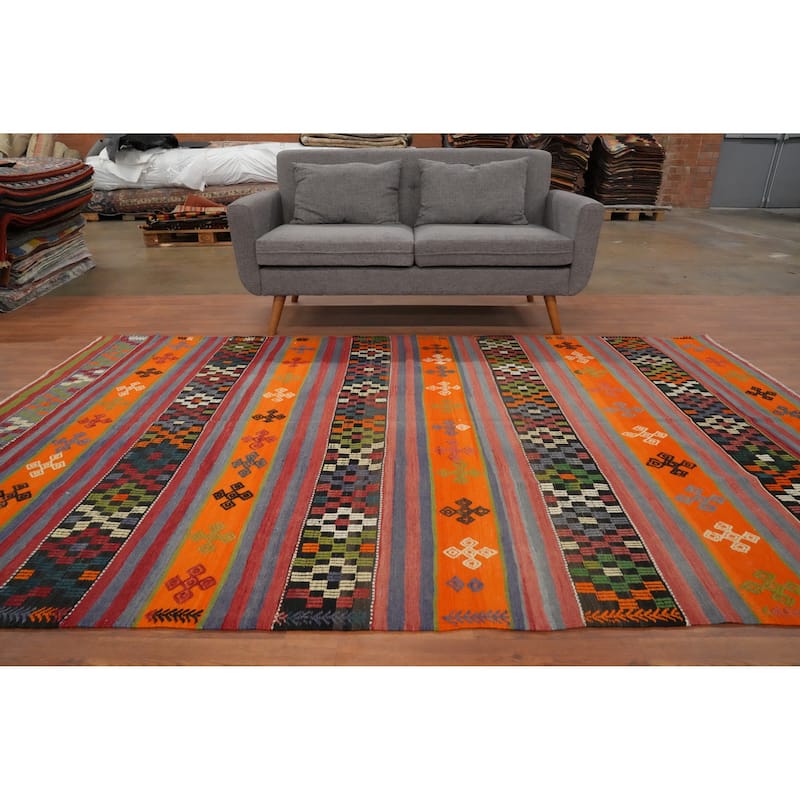 Hand Woven Oriental 100% Wool Carpet Southwestern Tribal Oranges & Rust Kilim Area Rug - 9' 6'' X 5' 10''