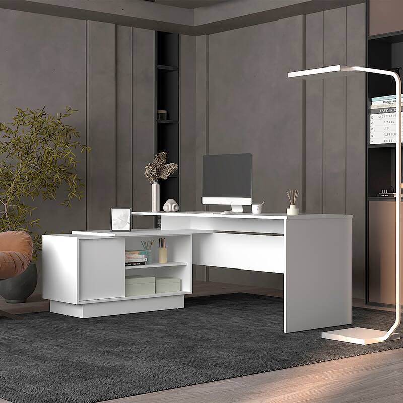 Spacious L-Shaped Computer Desk, 70" Wide with Storage Cabinet and Open Shelves for Home Office, Gaming, or Workstation - White