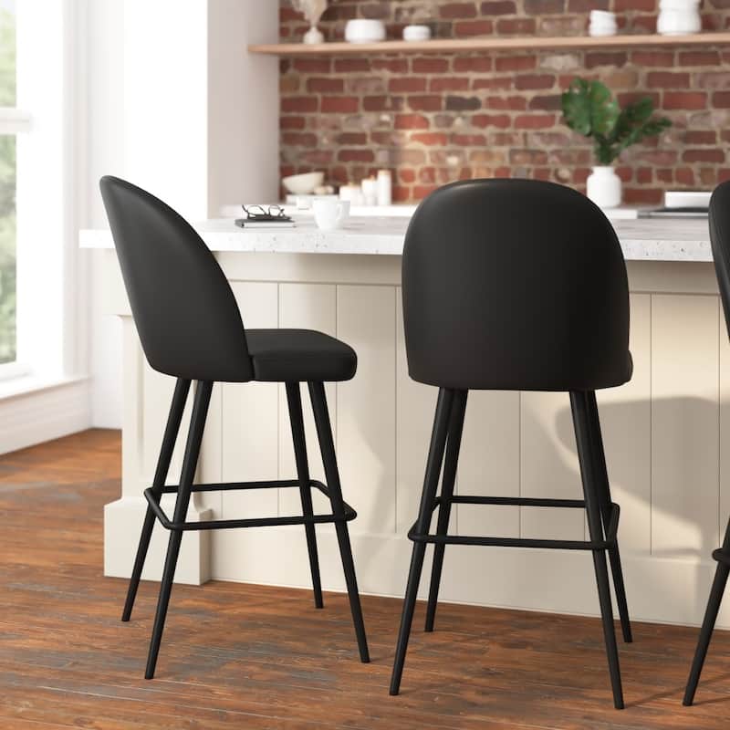 Modern Upholstered Barstools with Footrest and Steel Frame (Set of 2) - Black Faux Leather