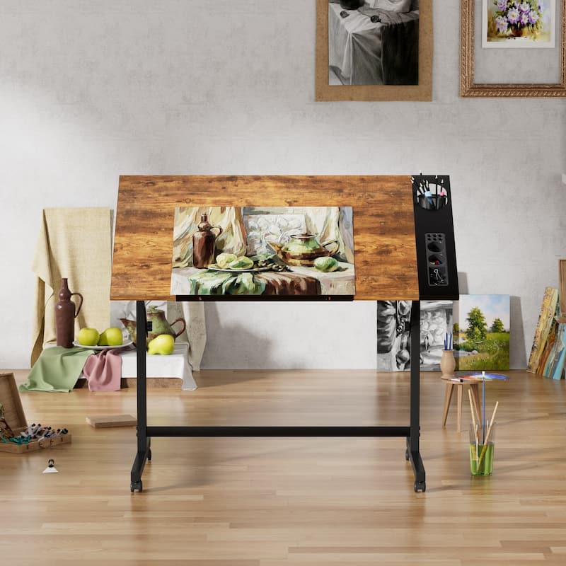 Javlergo Vintage Drawing Drafting Table, Adjustable Tilting Top Art Desk Craft Work Station with Pencil Ledge